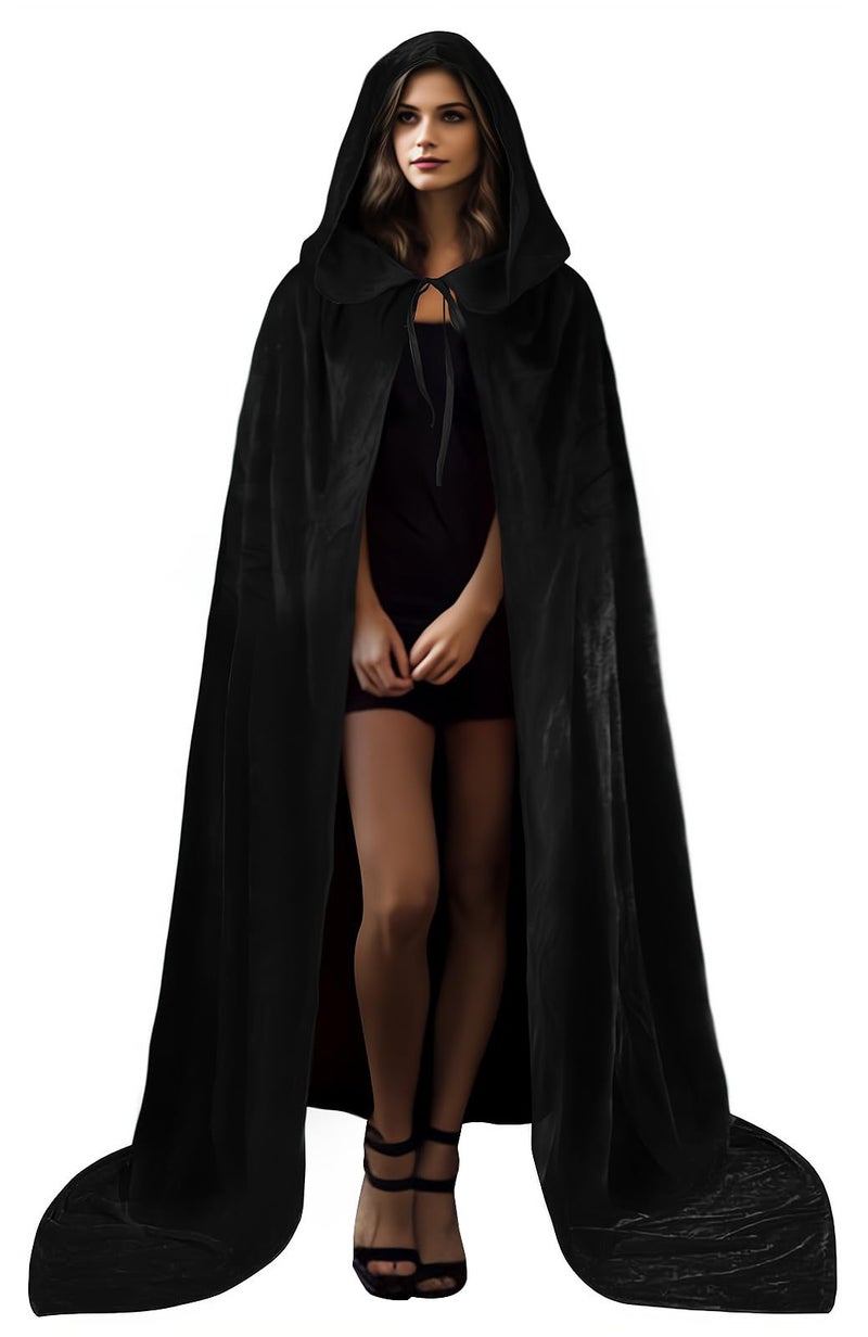 HOMELEX Black Witch Velvet Cloak Halloween Hooded Cape Queen King Robe Outfit Renaissance Medieval Costume - Image 1
